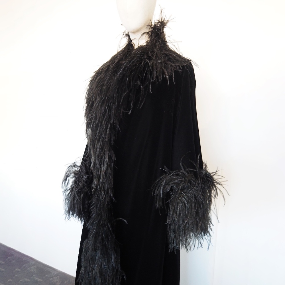 Dior Vintage 1970's full length velvet coat with ostrich feather cuffs and trim